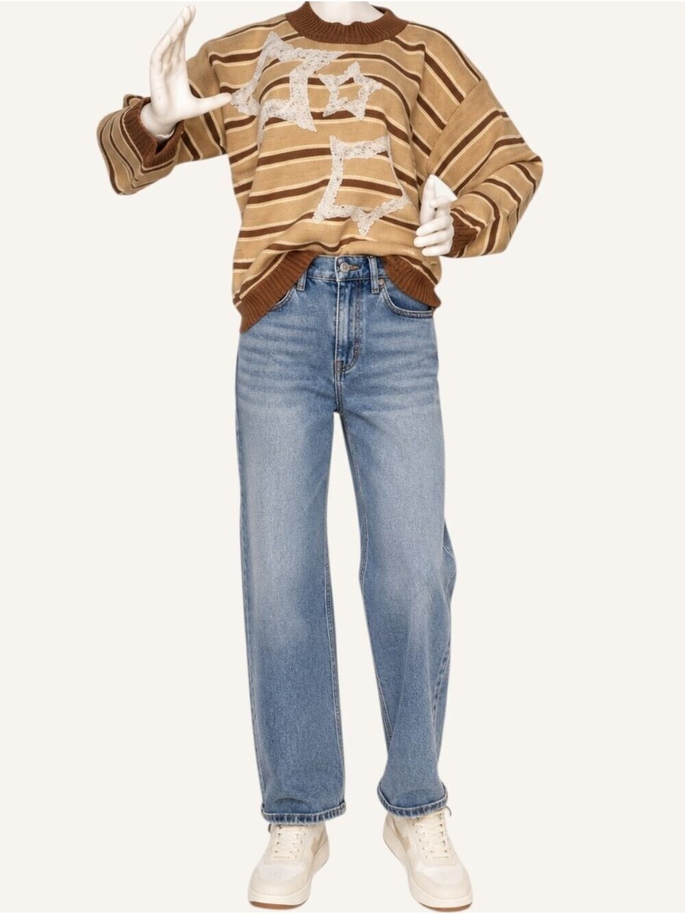 POL Floral Star Appliqué Striped Sweater Brown Tan Size Small NWOT